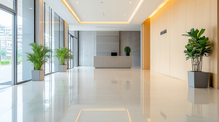 a modern office lobby with clean lines and soft colors, professional and inviting