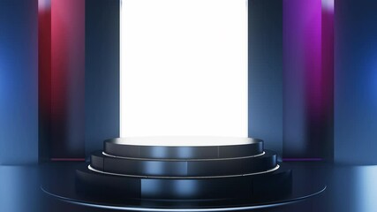 Wall Mural - Black room space with rotating round pedestal, exhibition podium or showcase and neon light in futuristic technology style. 3d realistic animation template for presentation product.