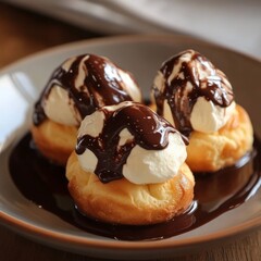 Sticker - Three profiteroles topped with whipped cream and drizzled with chocolate sauce on a gray plate.