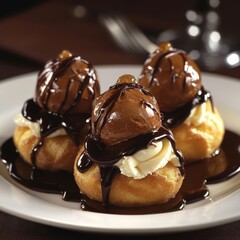 Sticker - Three profiteroles with whipped cream and chocolate sauce on a white plate.