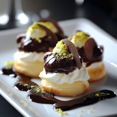 Sticker - Three small desserts with chocolate sauce, whipped cream, and pistachio pieces on a white plate.