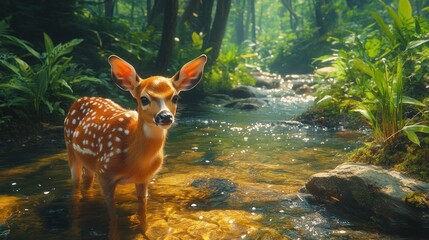 Wall Mural - Fawn in a Forest Stream