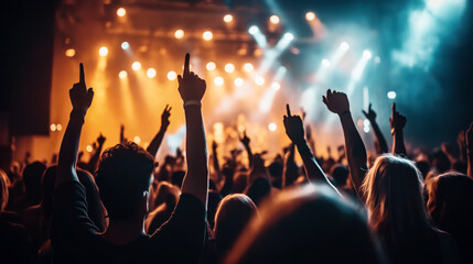 Wall Mural - A lively crowd enjoying a concert with hands raised, silhouetted against bright stage lights. The vibrant atmosphere highlights music and nightlife culture.