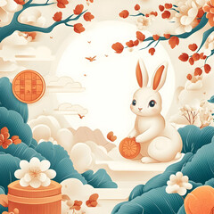 Poster - Flat Rabbit and Mooncake Border Frame with Copy Space concept as A border frame with a rabbit and mooncake placed on opposite sides creating a whimsical design with ample copy space in the center. Mid