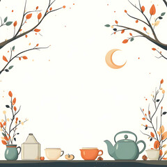 Wall Mural - Flat Teapot and Moon Border Frame with Copy Space concept as A border frame featuring a traditional teapot and the moon on either side with copy space in the middle. Mid Autumn Wishes is elegantly wri