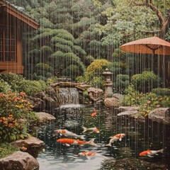 Poster - Tranquil Japanese garden with koi pond and waterfall under gentle rain.