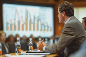 Wall Mural - Photo of A businessperson giving a presentation on financial growth in a conference room.