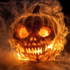 Wall Mural - Mysterious glowing pumpkin skull with fiery details on Halloween night