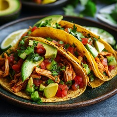 Canvas Print - Two chicken tacos with avocado, tomatoes, and cilantro on a plate.