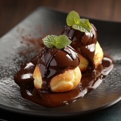 Wall Mural - Two chocolate profiteroles on a black plate with chocolate sauce and mint leaves.