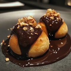 Wall Mural - Two chocolate-covered pastries topped with almonds on a gray plate.