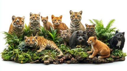 Group of Stuffed Wild Cats on a Green Base