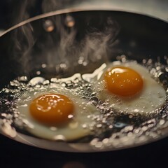 Canvas Print - Two fried eggs cooking in a pan with steam rising.