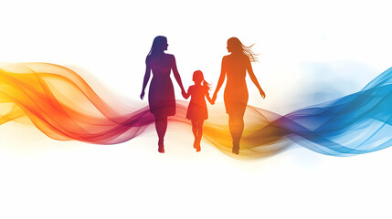 Wall Mural - Glossy Abstract Family Silhouette concept as A vibrant glossy abstract digital art featuring the silhouettes of a diverse family. The image uses smooth flowing lines and bright colors to represent uni