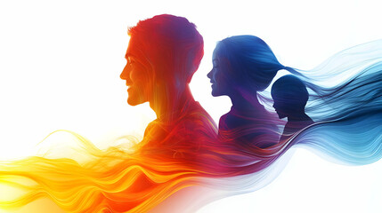 Wall Mural - Glossy Abstract Family Silhouette concept as A vibrant glossy abstract digital art featuring the silhouettes of a diverse family. The image uses smooth flowing lines and bright colors to represent uni