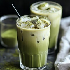 Sticker - Two glasses of iced matcha latte with ice cubes and a black straw, on a dark background, with some matcha powder in the background.