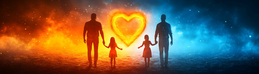 Wall Mural - Glossy Abstract Family Silhouettes with Glowing Love Symbol concept as A vibrant digital art banner featuring abstract silhouettes of an interracial family with a glowing love symbol in the center rep