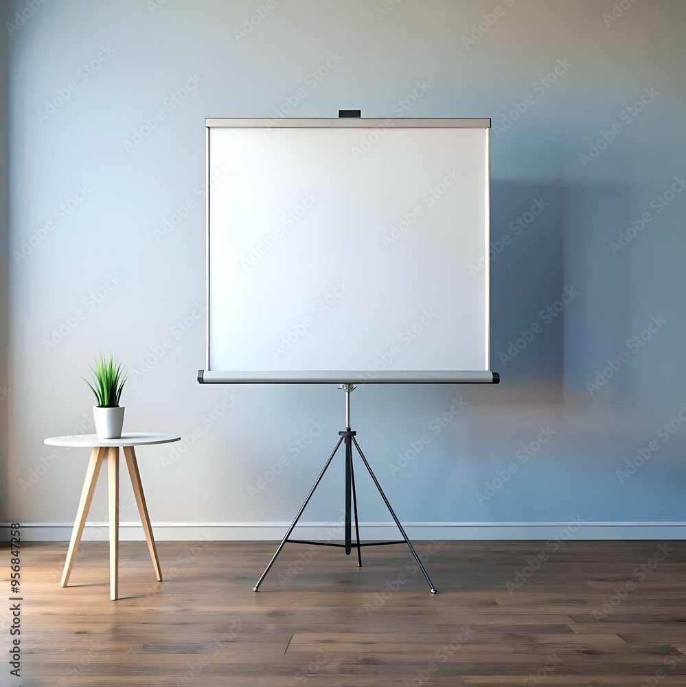 A blank projection screen on a tripod stand in a modern office setting ...