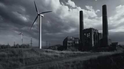 Aufkleber - Closed coal mines stand alongside wind turbines amidst old factories, symbolizing the shift to renewable energy sources. Generative AI