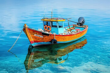 Wall Mural - A small boat in blue water