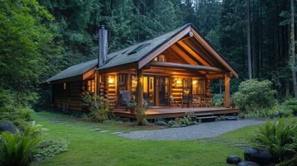 Cozy log chalet surrounded by lush forest, perfect for a peaceful and rustic retreat. -