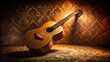 © Sirinporn - A solitary classical guitar lies on a dimly lit, velvet-draped background, its intricate fretwork and body curves illuminated by a faint, mysterious warm light.