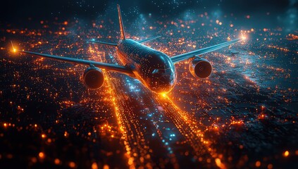 Digital airplane hologram, with light trails and glow effects. 