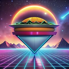 A futuristic 3D illustration of a fajita. rendered in a vibrant 80s neon color scheme.