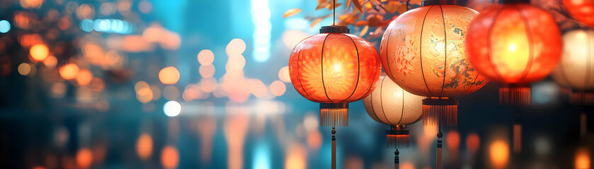 Wall Mural - Glossy Mid Autumn Festival Lantern Display concept as A glossy background featuring an elaborate lantern display for the Mid Autumn Festival with reflections enhancing the intricate details of the lan