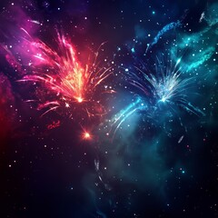 Canvas Print - Two vibrant firework bursts with trails of light and smoke against a deep blue and purple galaxy background.