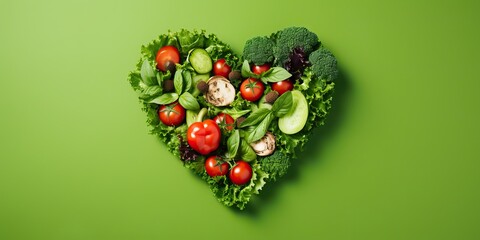 Green vegetables salad in heart shape. Healthy romantic love concept top view