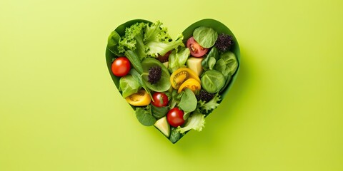 Green vegetables salad in heart shape. Healthy romantic love concept top view