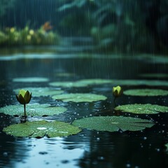 Wall Mural - Two yellow water lilies bloom in a pond under heavy rain, with green lily pads floating on the water and blurred greenery in the background.