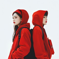 Two young women wearing red hoodies and backpacks stand back to back against a white background.