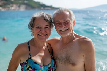 Wall Mural - A man and woman are smiling at the camera on a beach. The man is wearing a shirtless shirt and the woman is wearing a bikini. Scene is happy and relaxed