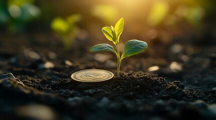 Photo of a Small Plant Growing from the Ground with a Gold Coin