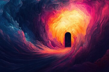 Wall Mural - Abstract Painting Depicting a Path Leading to a Dark Archway Within a Glowing, Swirling Abyss