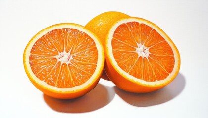 Oil painting depicting a halved orange with two additional segments isolated on a white background