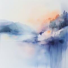 Sticker - Watercolor painting of a serene lakeside landscape at sunset, with a misty background and a silhouette of trees on the shore.