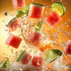 Wall Mural - Watermelon and lime cubes splash into a glass of water, creating a refreshing and vibrant scene.