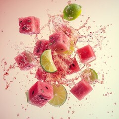 Poster - Watermelon and lime cubes splashing in a burst of water, against a soft pink background.