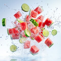 Poster - Watermelon and lime cubes splashing in the air with water droplets.