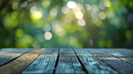 Wall Mural - Wooden Planks Against a Blurred Green and Yellow Bokeh Background