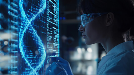 Wall Mural - Scientist analyzes a holographic 3D model of DNA in a modern lab, highlighting genomic data for personalized medicine