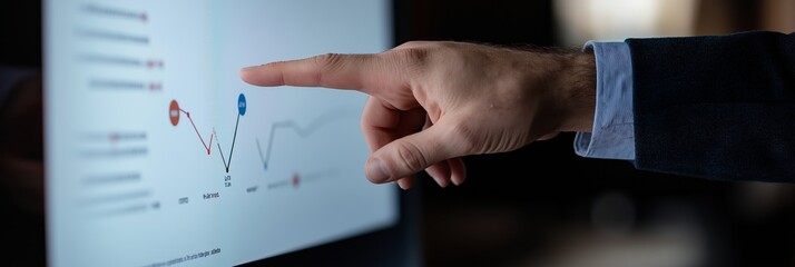 A hand dressed in a dark sleeve is highlighting a red line graph data point on a screen, displaying financial results.