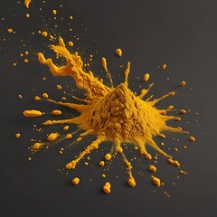 Turmeric powder pile scattered isolated on white background, flying