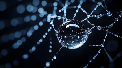 Wall Mural - A mesmerizing macro photograph of a single water droplet on a spider’s web.