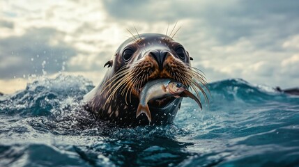 Canvas Print - Sea Lion Holding a Fish in Its Mouth