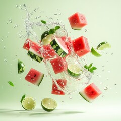 Canvas Print - Watermelon and lime slices splash in mid-air with water droplets on a green background.