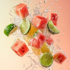 Sticker - Watermelon and lime slices splash in mid-air, creating a vibrant and refreshing image.